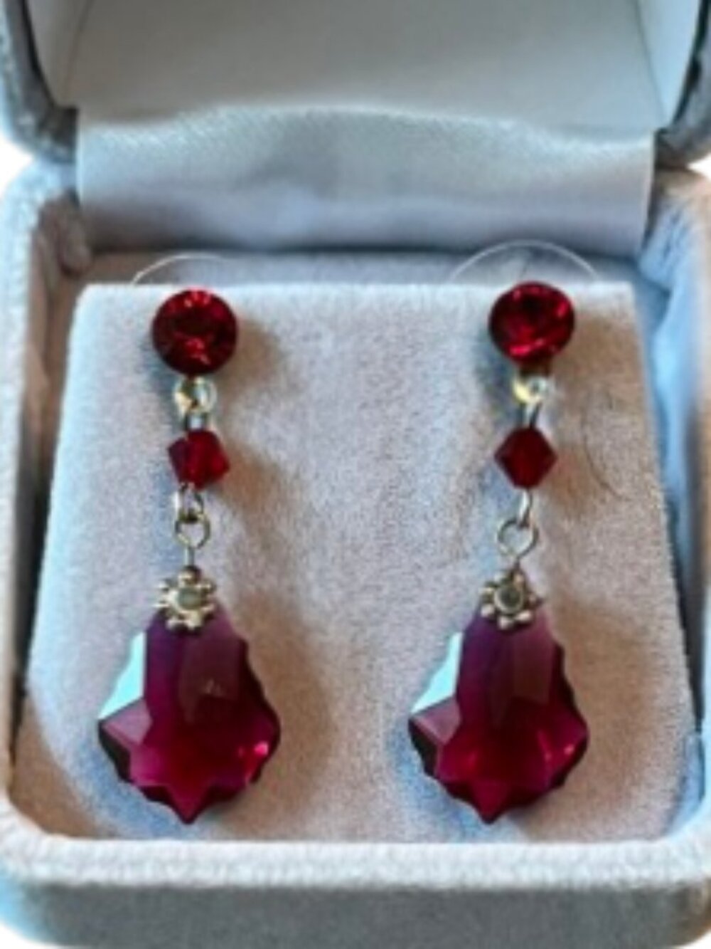 Vintage 80s Ruby Red Baroque Cut Faceted Crystal 3-Tier Chandelier Drop Earrings